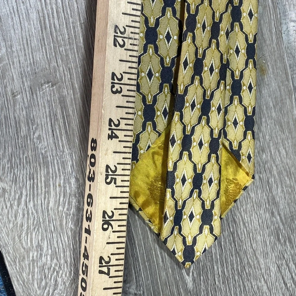 VINTAGE Charvet Tie Mens Gold Black‎ Geometric Diamond Jacquard Polyester 90s